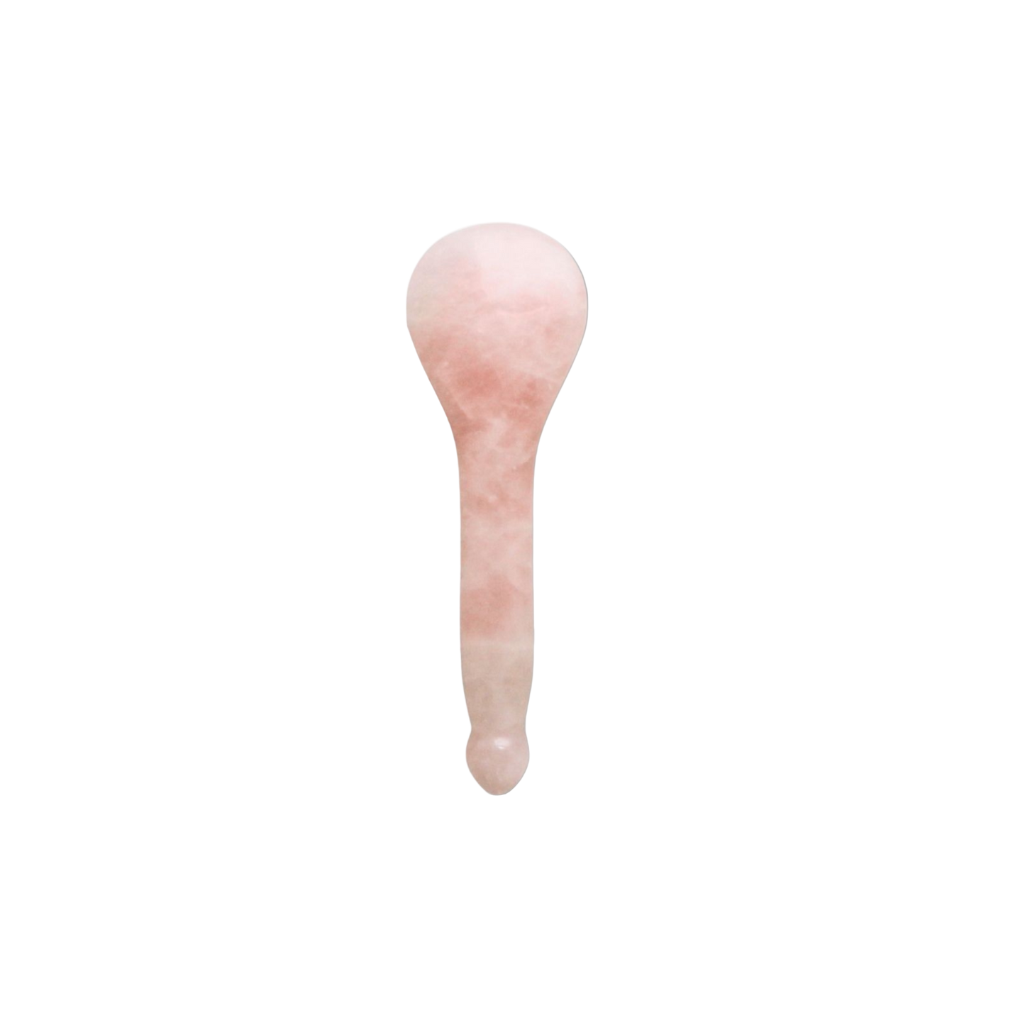 A spoon-shaped acupressure Gua Sha sculpting tool in rose quartz