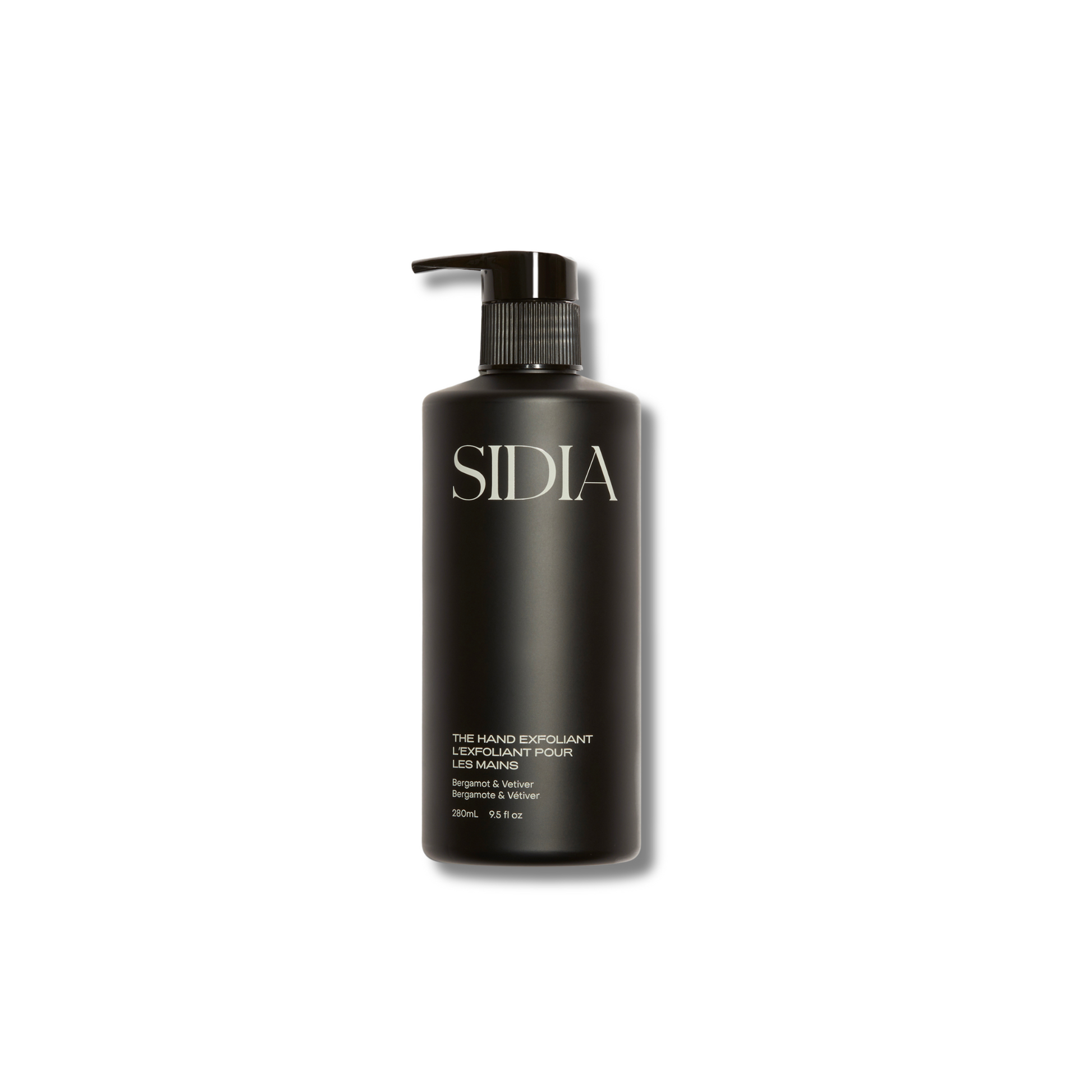 A black pump bottle with the label 'SIDIA' on it, indicating a hand exfoliant product.