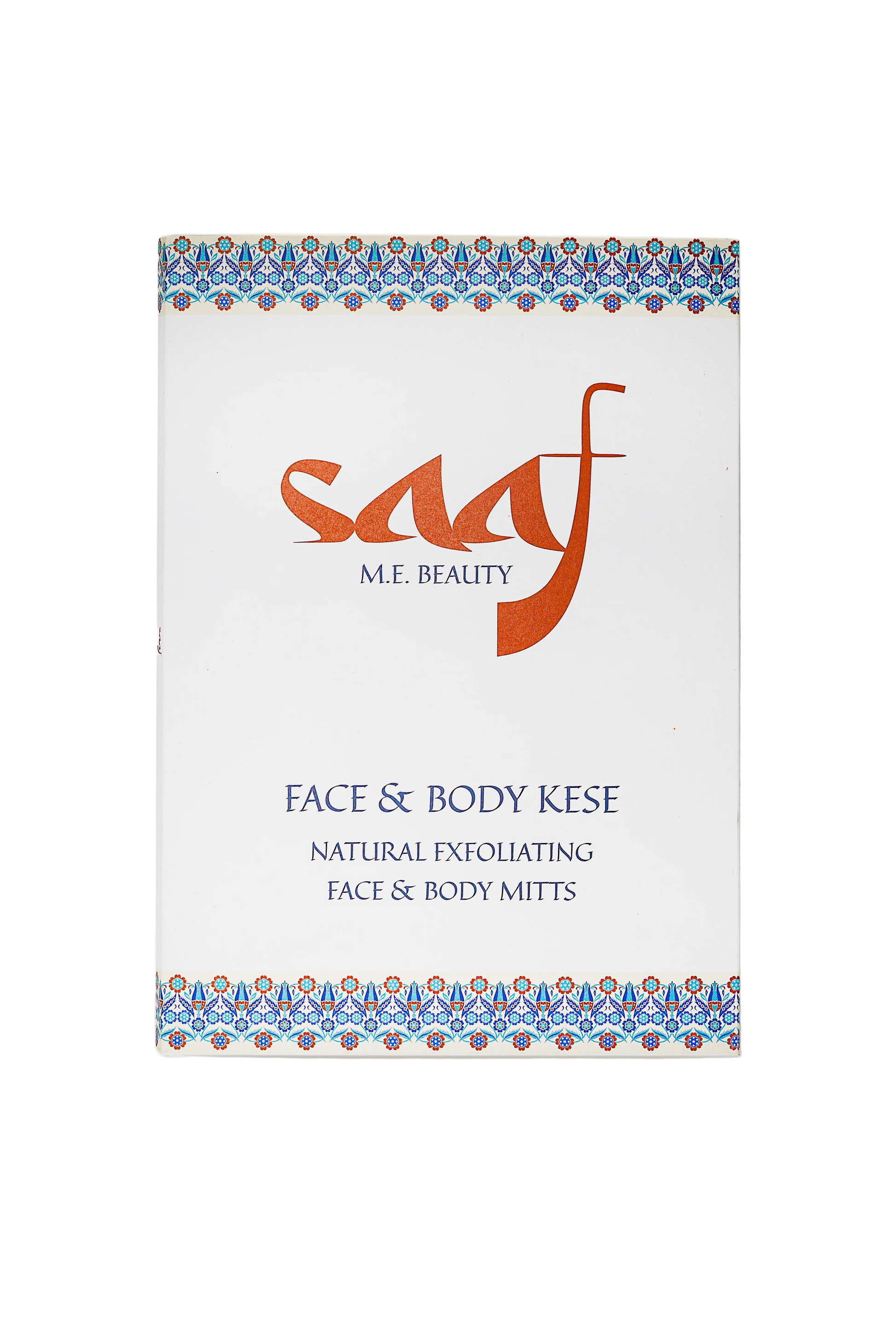 Saaf Beauty packaging for face and body mitts on a white background