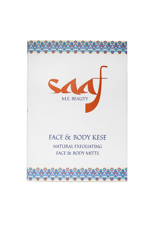 Saaf Beauty packaging for face and body mitts on a white background