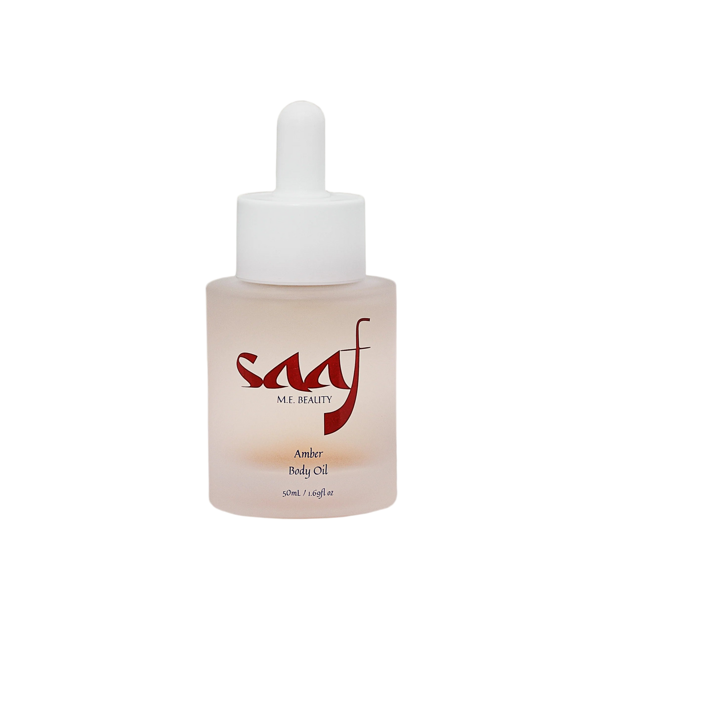 Sculpted bottle of saaf me beauty amber body oil on a white background