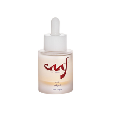 SAAF Oud body oil dropper bottle on a white background