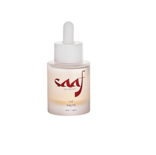 SAAF Oud body oil dropper bottle on a white background